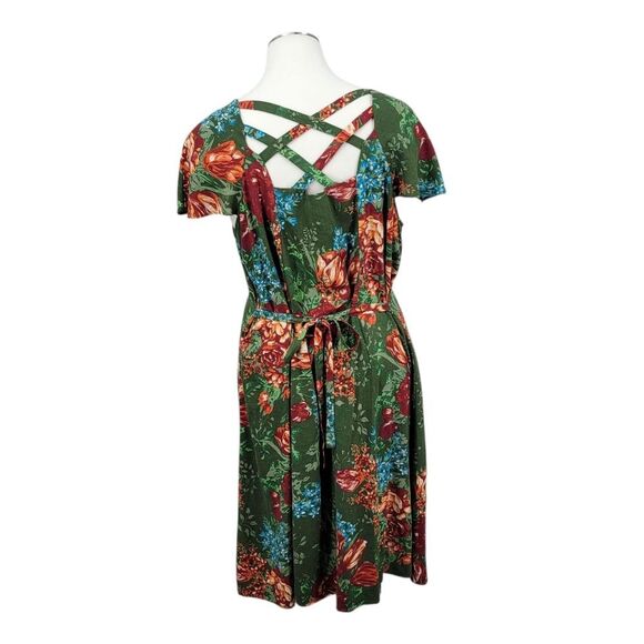 Roaman's Linen Blend Green Floral Tie Back Button Down Dress Women's Plus Size - Picture 3 of 8